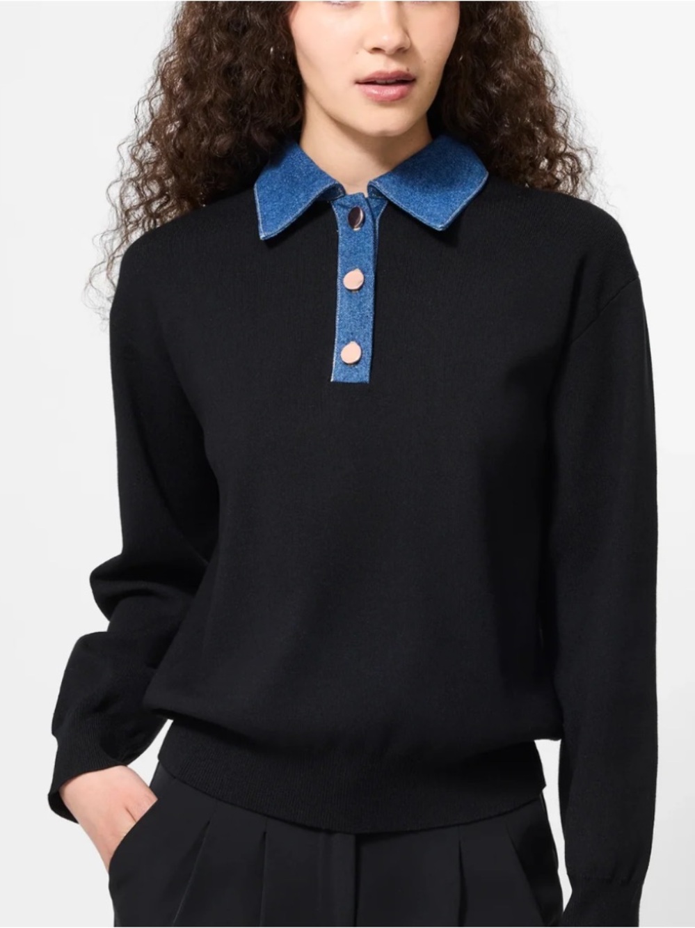 French Connection denim trimmed black collared sweater worn once
